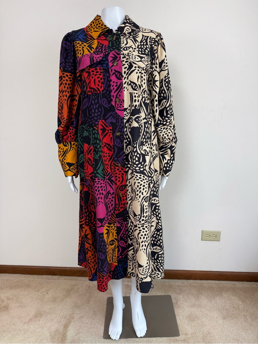FARM Rio Midnight Leopard Print Midi Shirt Dress Animal Patchwork M - Picture 2 of 10